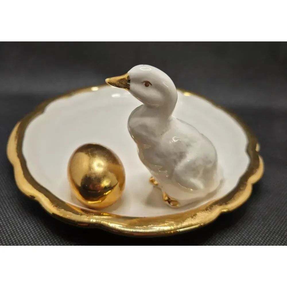 LA Ceramics Hand Painted Dish White Goose & Golden Egg Storybook Farmhouse 7.25